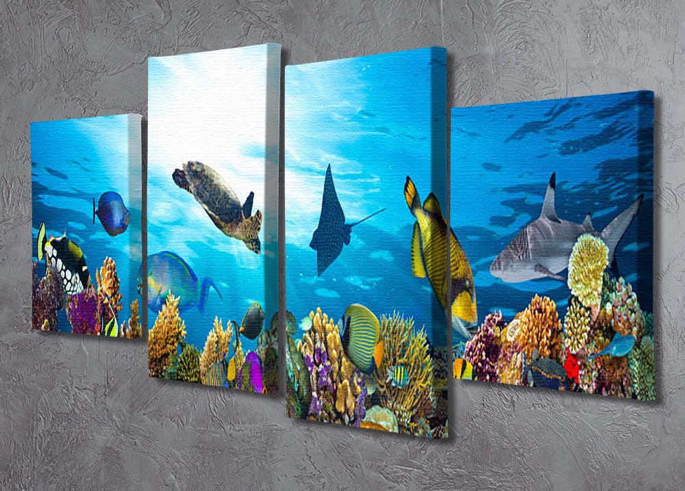 Colorful coral reef with many fishes and sea turtle 4 Split Panel Canvas - Canvas Art Rocks - 2
