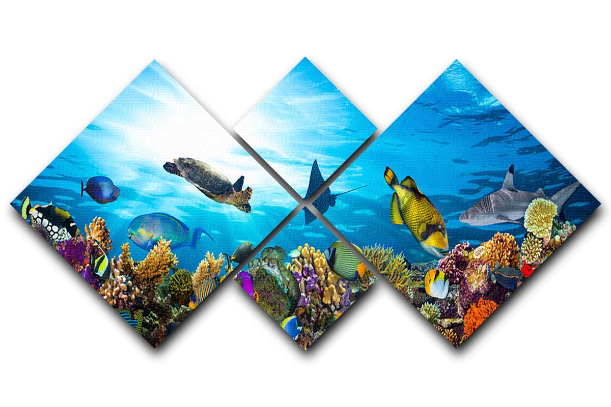 Colorful coral reef with many fishes and sea turtle 4 Square Multi Panel Canvas - Canvas Art Rocks - 1