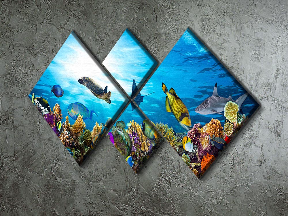 Colorful coral reef with many fishes and sea turtle 4 Square Multi Panel Canvas - Canvas Art Rocks - 2