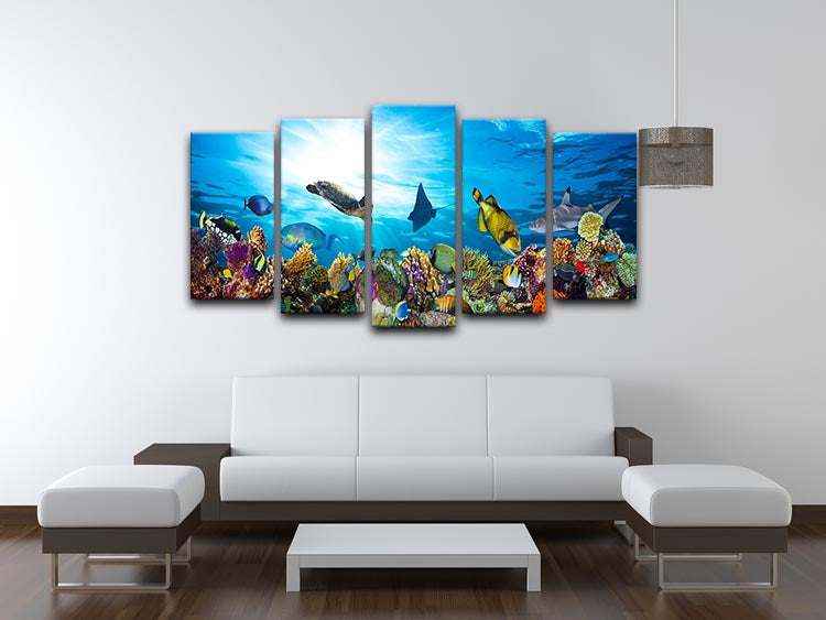 Colorful coral reef with many fishes and sea turtle 5 Split Panel Canvas - Canvas Art Rocks - 3