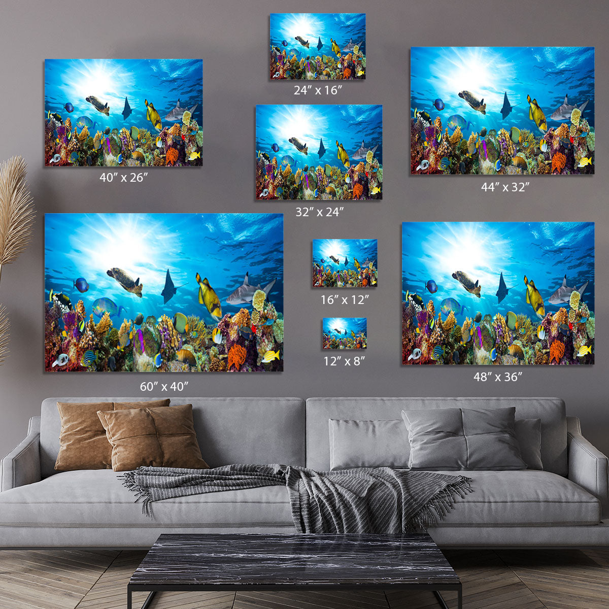 Colorful coral reef with many fishes and sea turtle Canvas Print or Poster - Canvas Art Rocks - 7