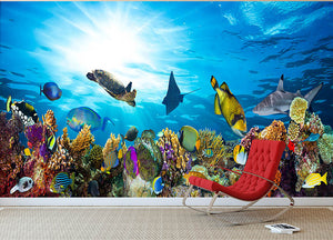 Colorful coral reef with many fishes and sea turtle Wall Mural Wallpaper - Canvas Art Rocks - 2