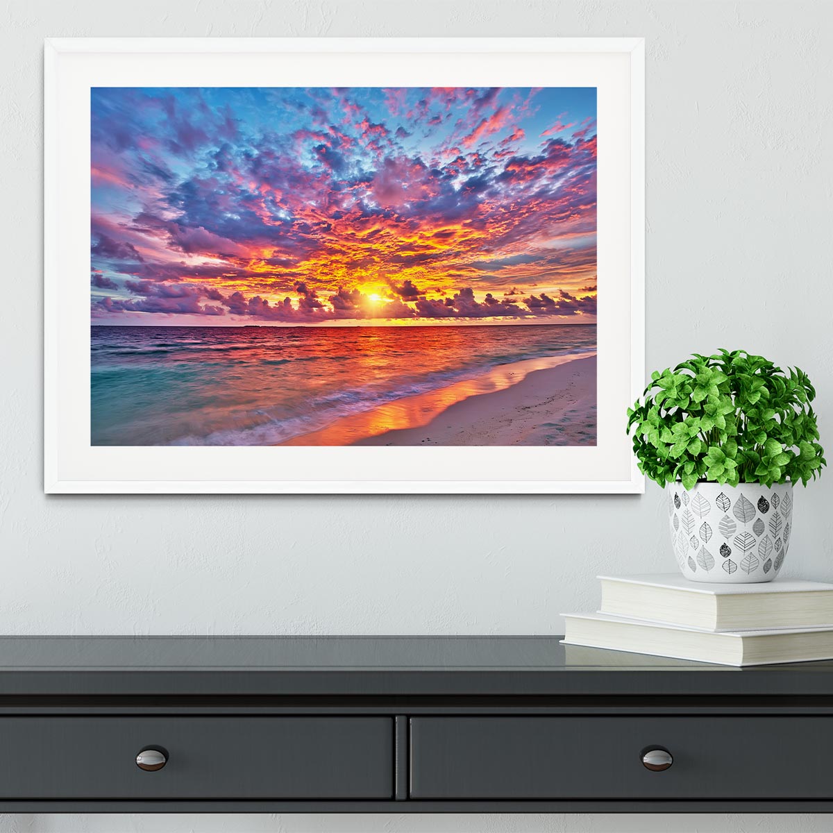 Colorful sunset over ocean on Maldives Framed Print - Canvas Art Rocks - 5