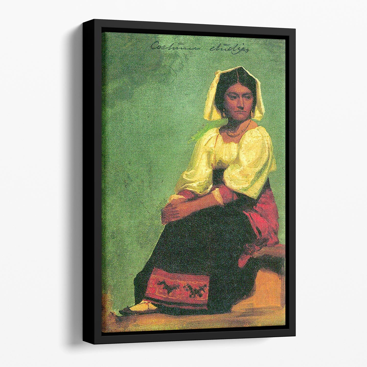 Costume study of a seated woman by Bierstadt Floating Framed Canvas - Canvas Art Rocks - 1
