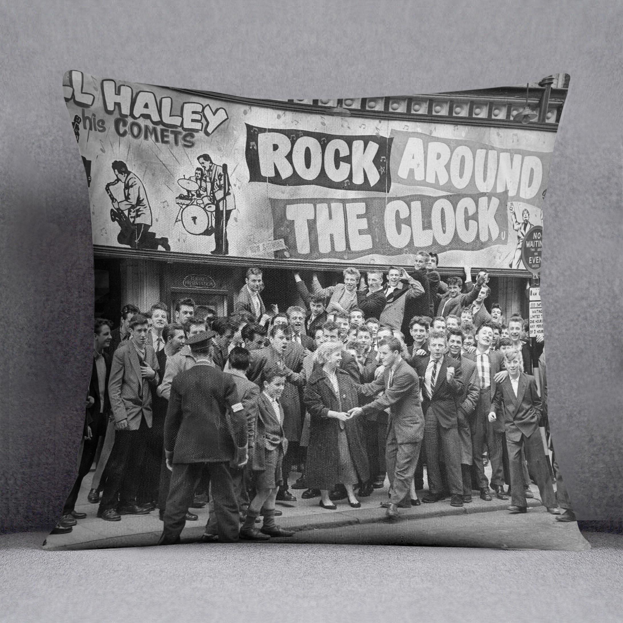 Crowd waiting to see Rock Around The Clock Cushion - Canvas Art Rocks - 1
