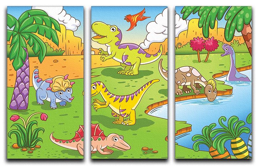 Cute dinosaurs in prehistoric scene 3 Split Panel Canvas Print - Canvas Art Rocks - 1