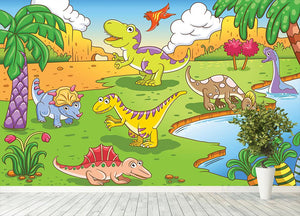 Cute dinosaurs in prehistoric scene Wall Mural Wallpaper - Canvas Art Rocks - 4