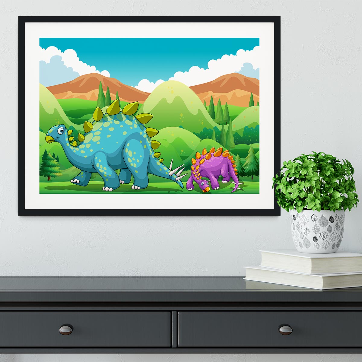 Cute dinosaurs walking Framed Print - Canvas Art Rocks - 1