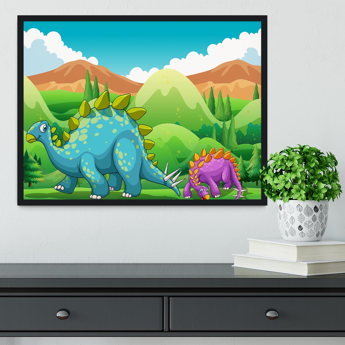 Cute dinosaurs walking Framed Print - Canvas Art Rocks - 2