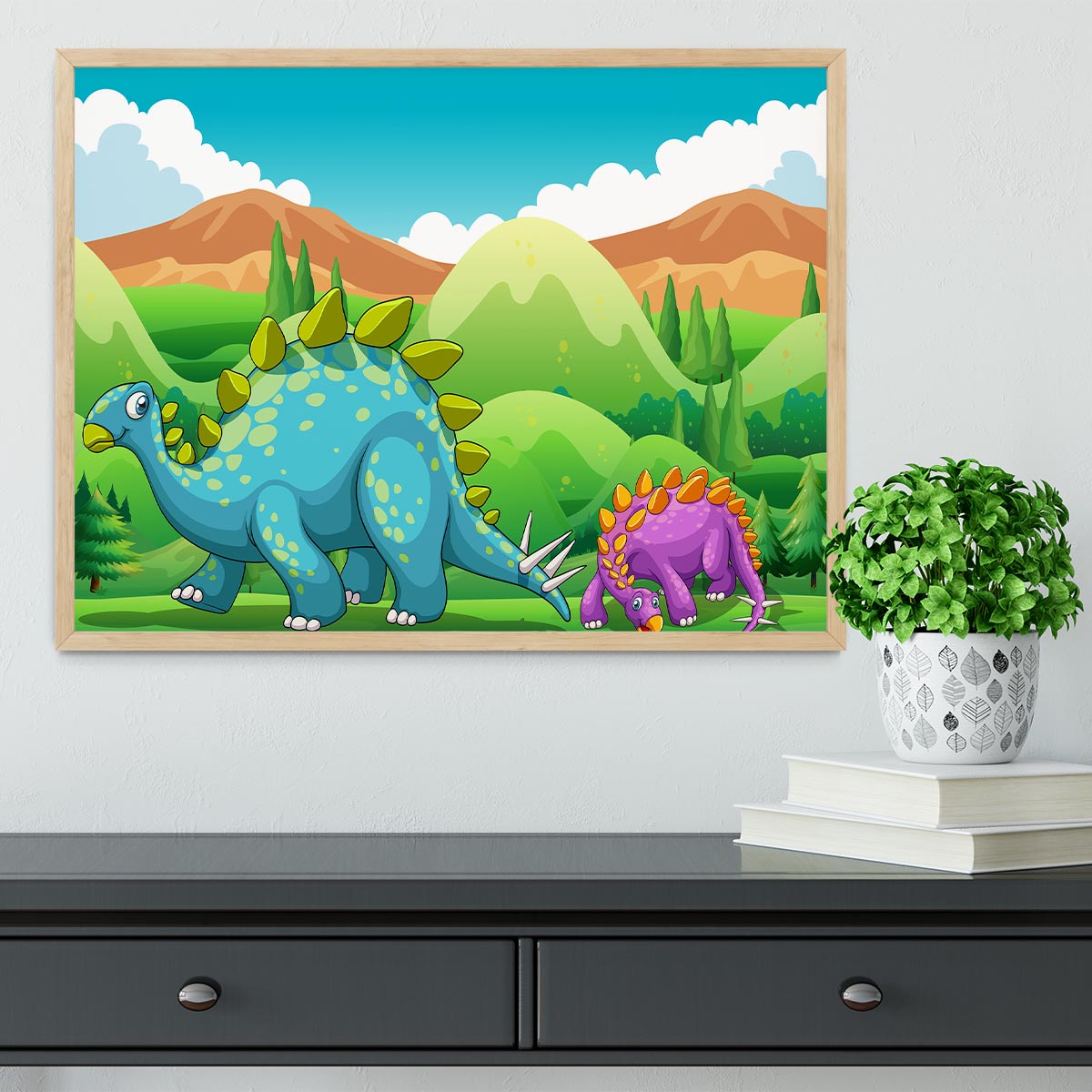 Cute dinosaurs walking Framed Print - Canvas Art Rocks - 4