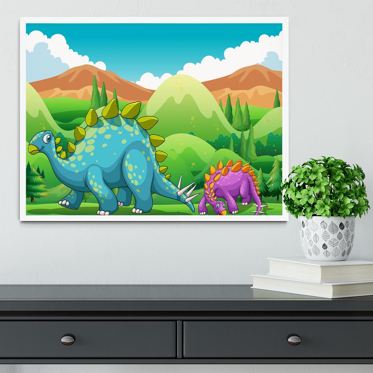 Cute dinosaurs walking Framed Print - Canvas Art Rocks -6