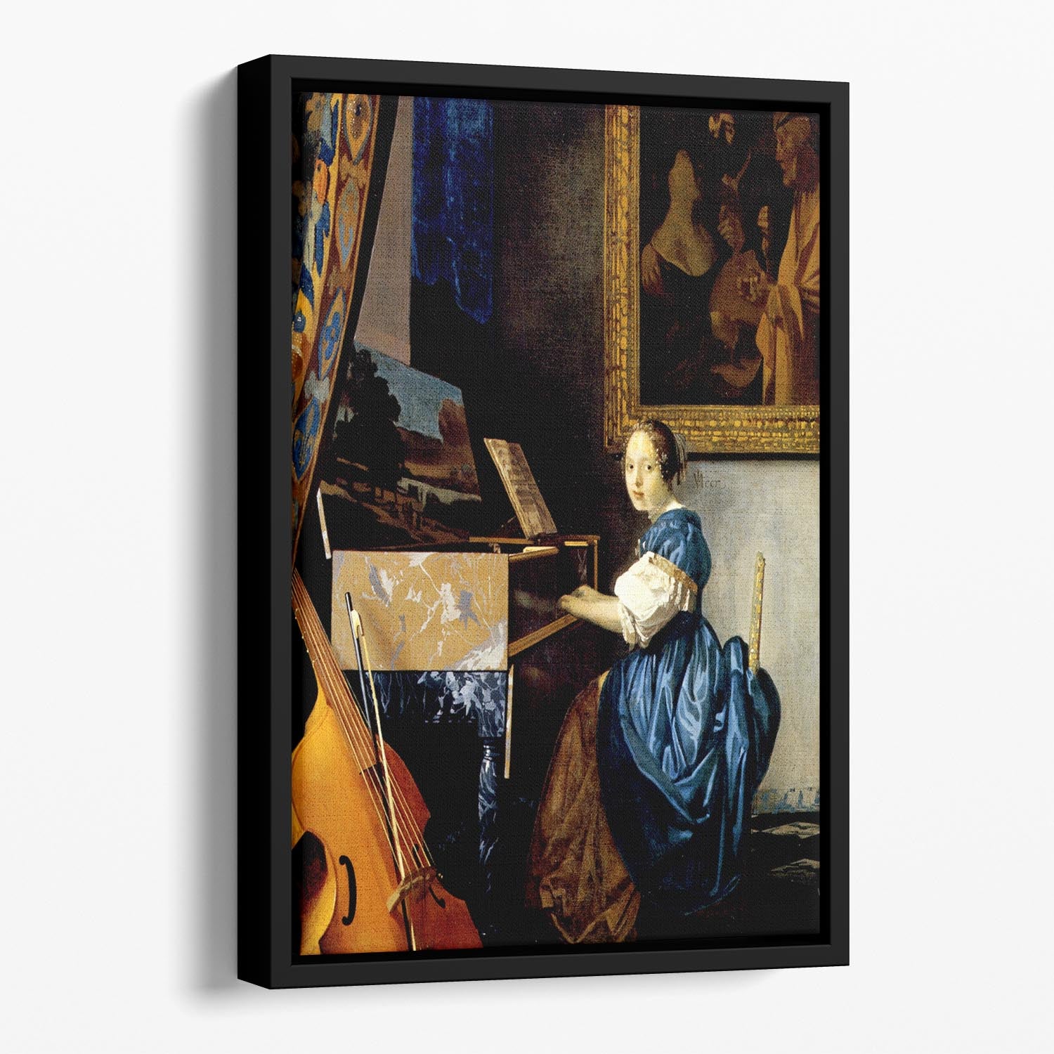 Dame on spinet by Vermeer Floating Framed Canvas