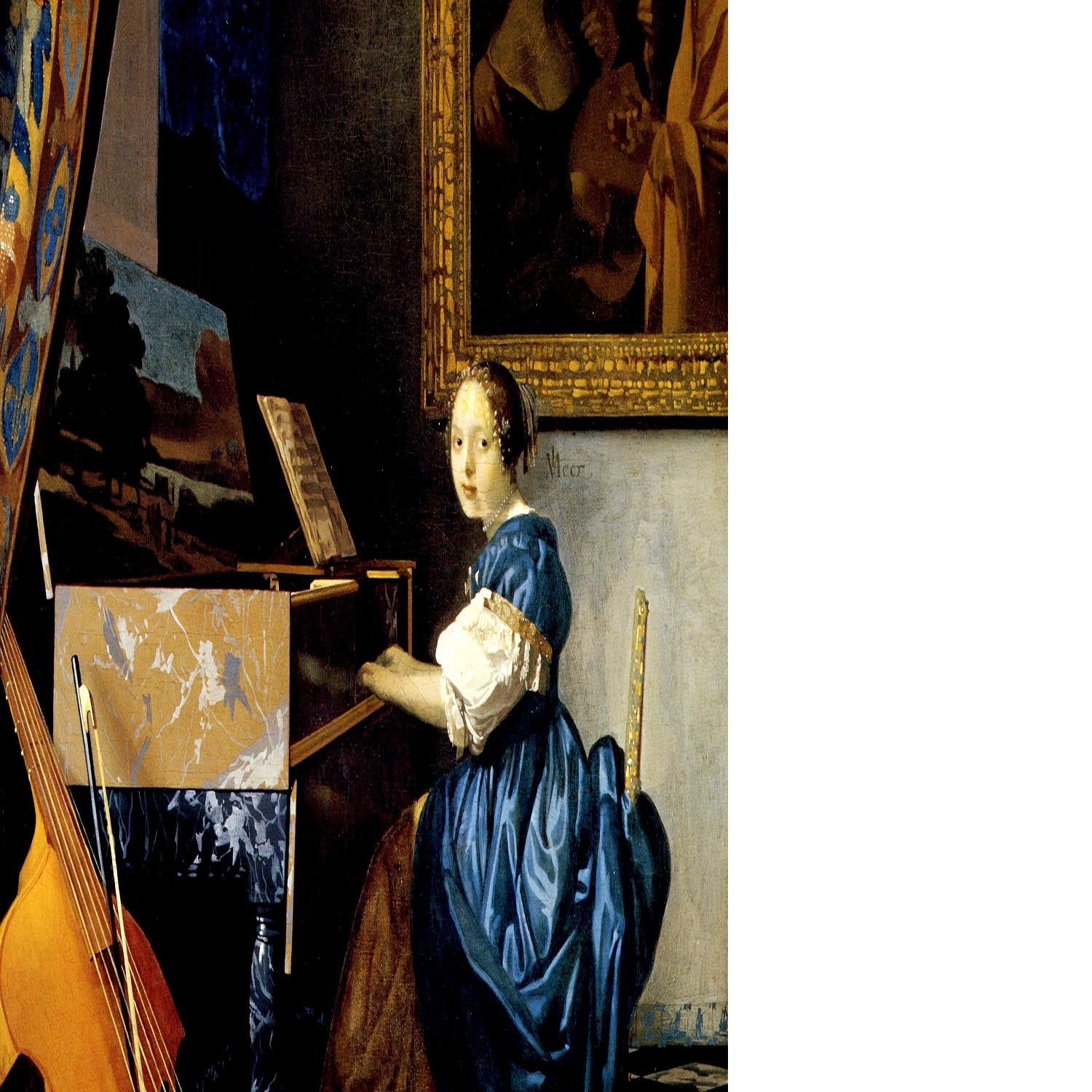 Dame on spinet by Vermeer Floating Framed Canvas
