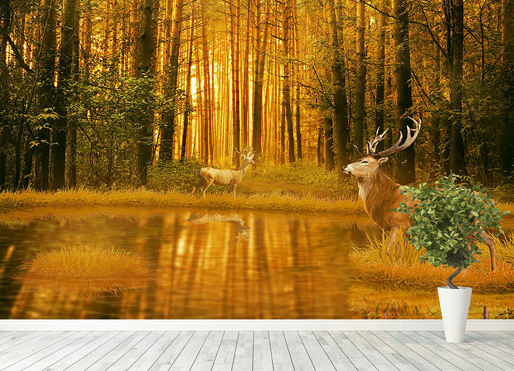 Deer Bucks in summer sunset Wall Mural Wallpaper - Canvas Art Rocks - 4