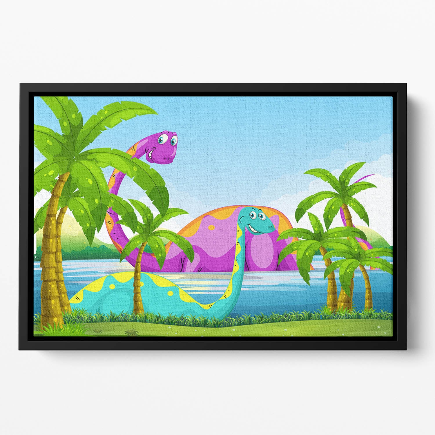 Dinosaur having fun in the lake Floating Framed Canvas