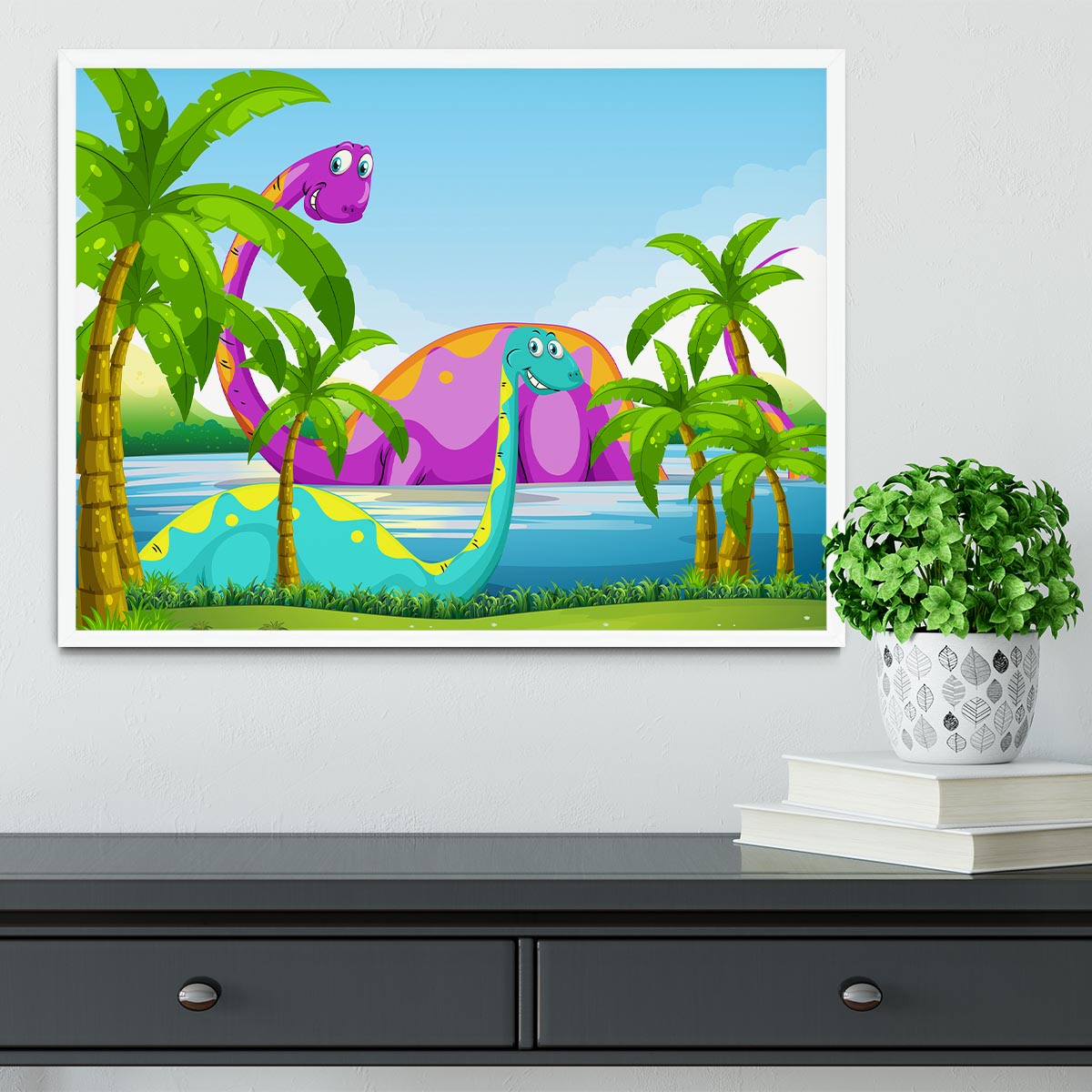 Dinosaur having fun in the lake Framed Print - Canvas Art Rocks -6