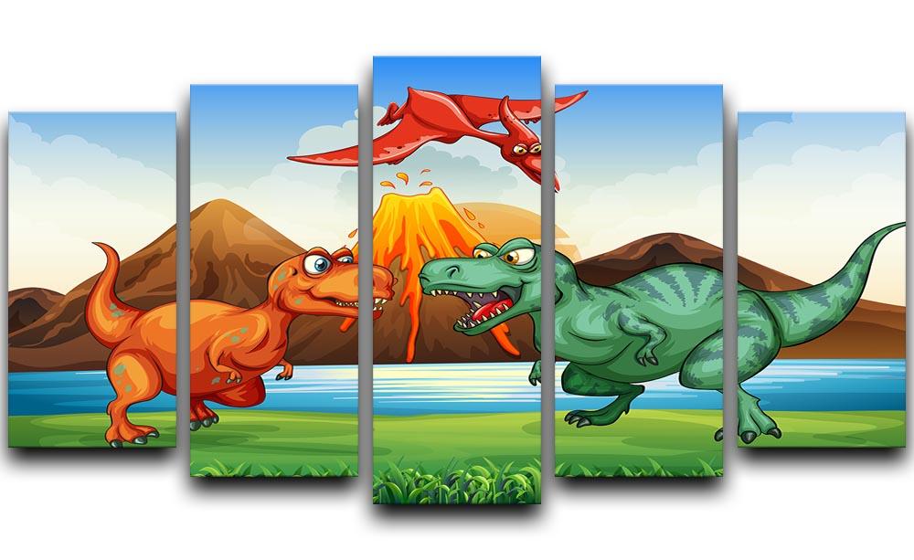 Dinosaurs fighting 5 Split Panel Canvas  - Canvas Art Rocks - 1