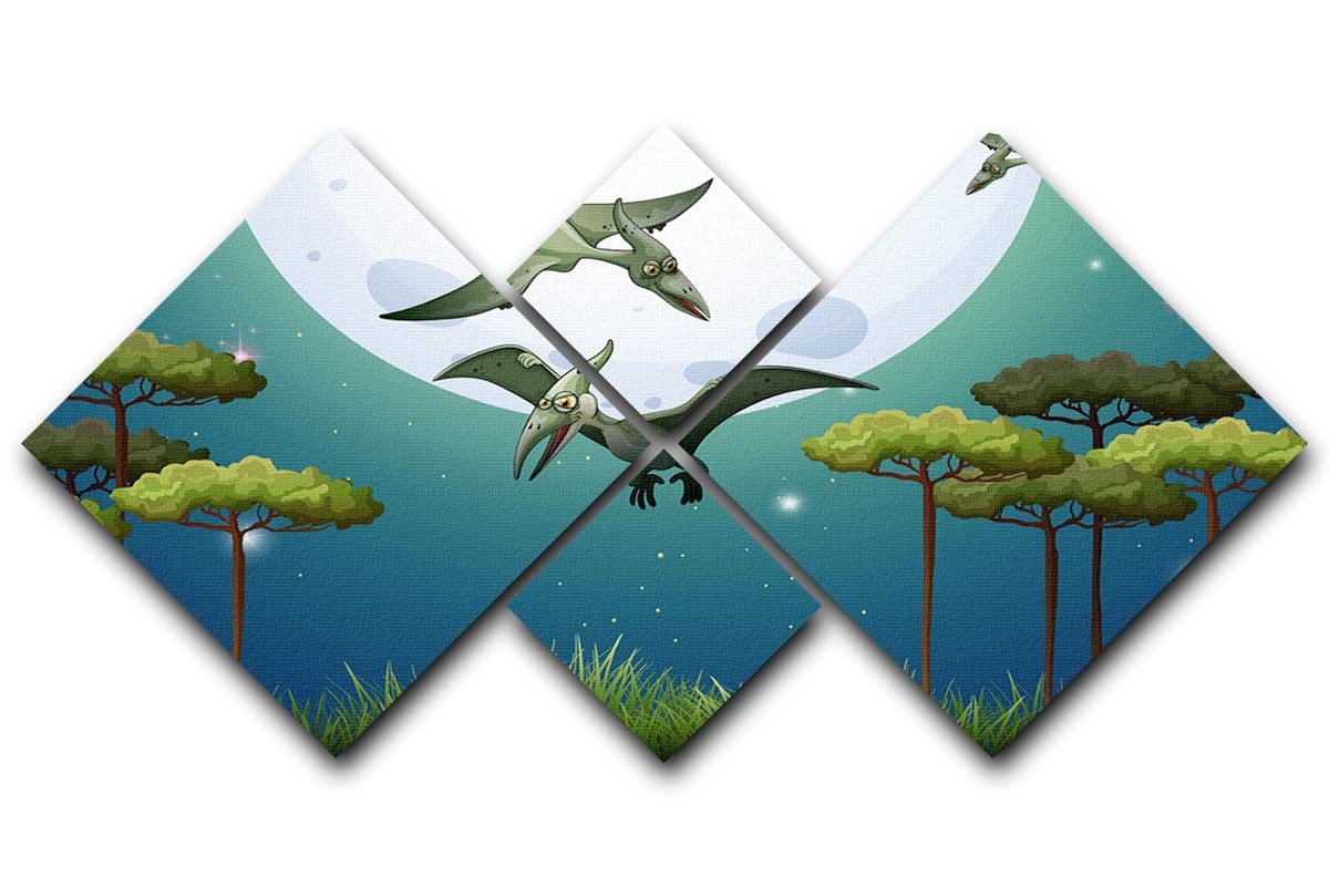 Dinosaurs flying on fullmoon 4 Square Multi Panel Canvas  - Canvas Art Rocks - 1