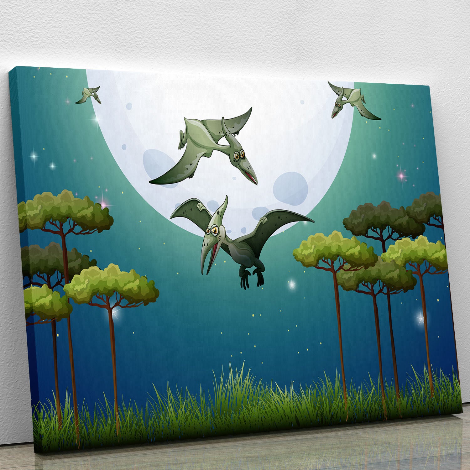 Dinosaurs flying on fullmoon Canvas Print or Poster - Canvas Art Rocks - 1