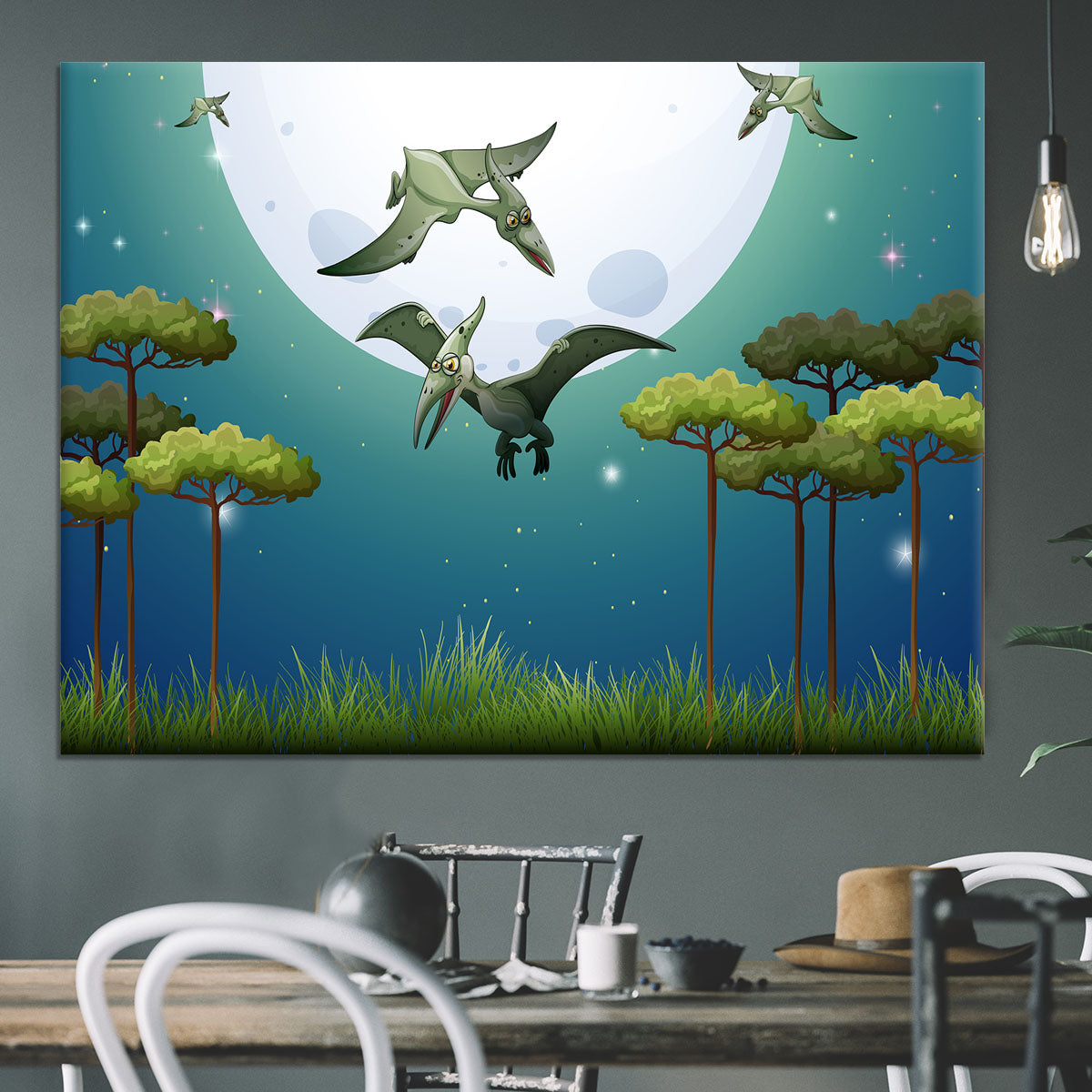 Dinosaurs flying on fullmoon Canvas Print or Poster - Canvas Art Rocks - 3