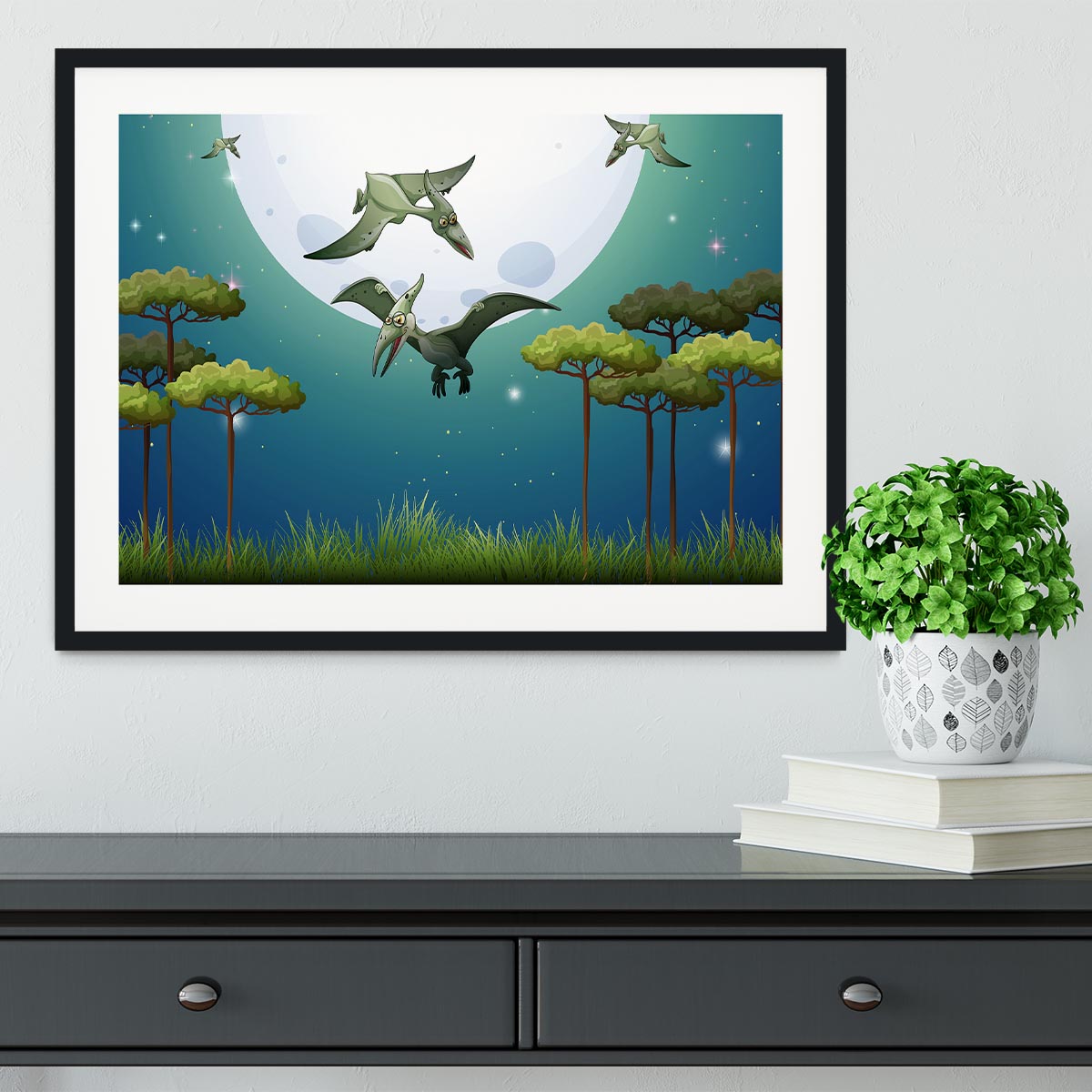 Dinosaurs flying on fullmoon Framed Print - Canvas Art Rocks - 1