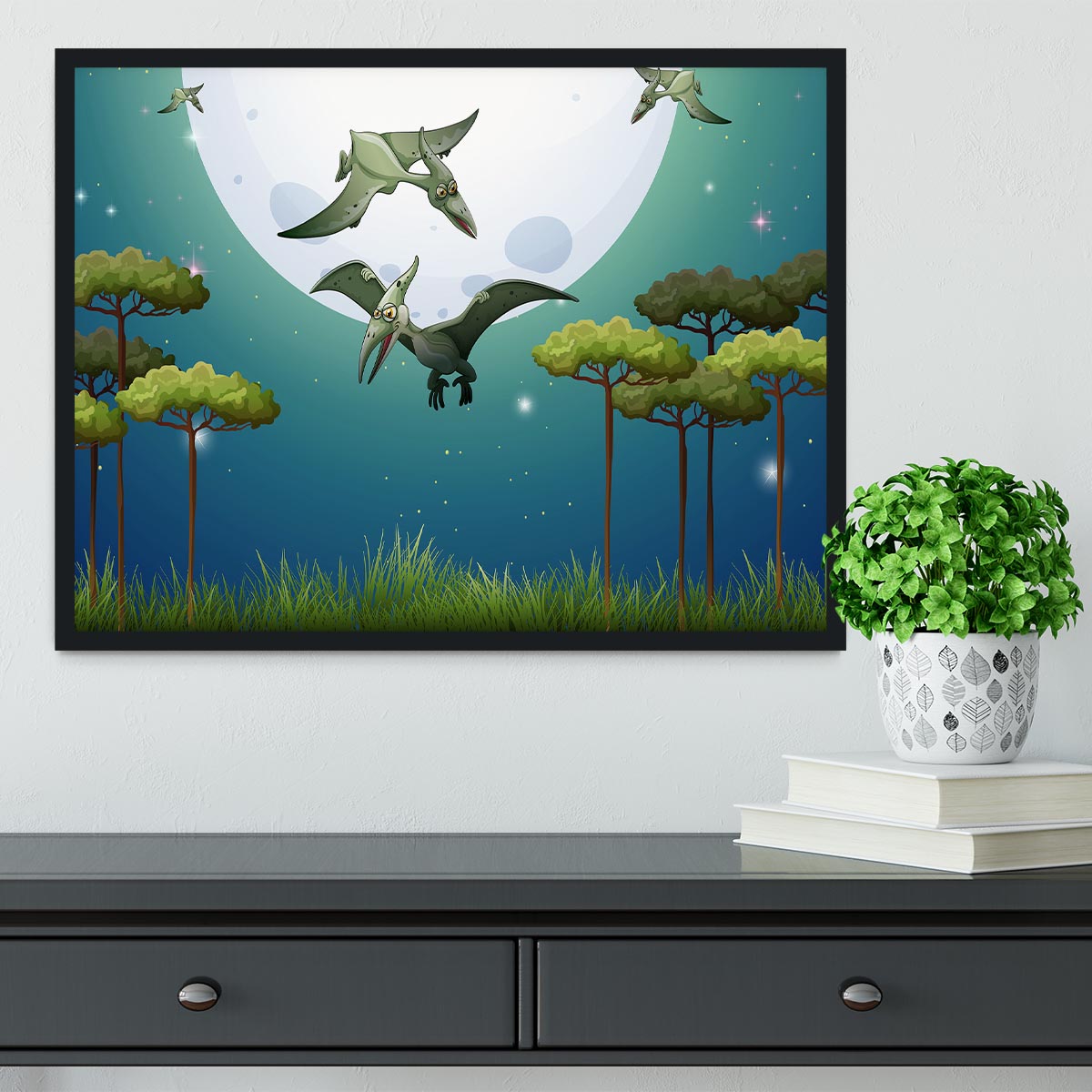 Dinosaurs flying on fullmoon Framed Print - Canvas Art Rocks - 2