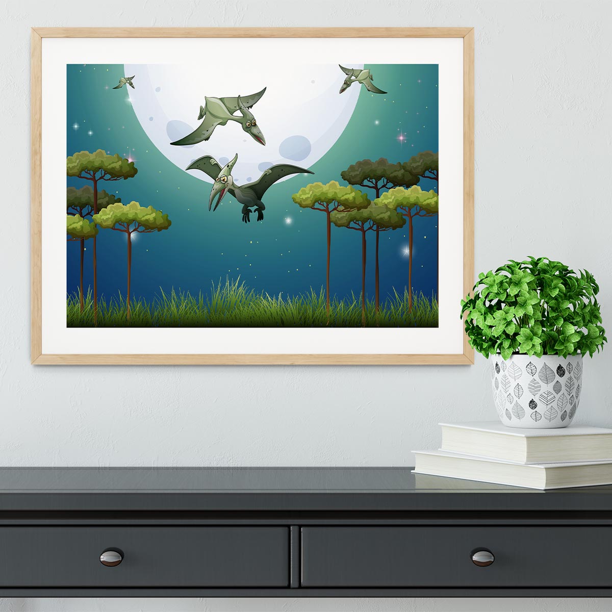 Dinosaurs flying on fullmoon Framed Print - Canvas Art Rocks - 3