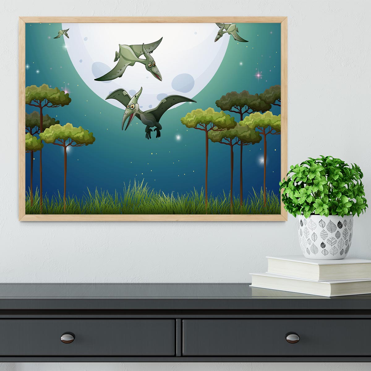 Dinosaurs flying on fullmoon Framed Print - Canvas Art Rocks - 4