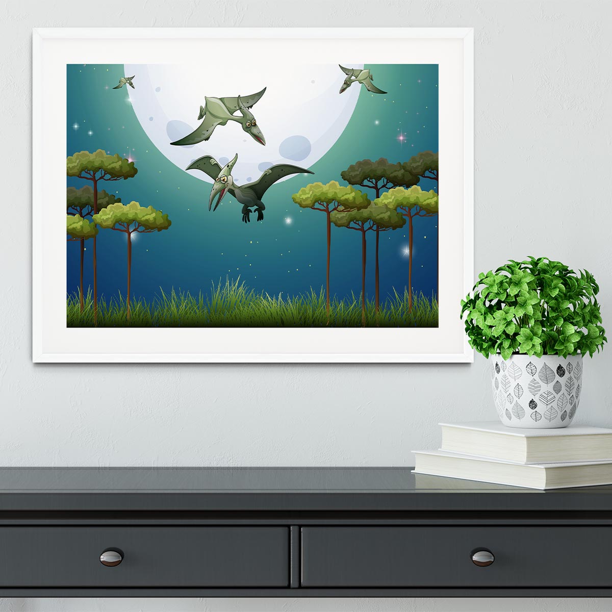 Dinosaurs flying on fullmoon Framed Print - Canvas Art Rocks - 5