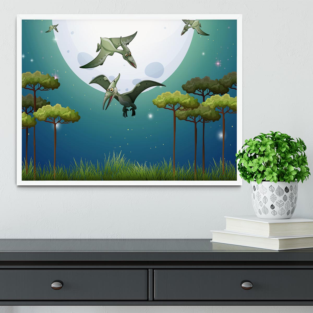 Dinosaurs flying on fullmoon Framed Print - Canvas Art Rocks -6