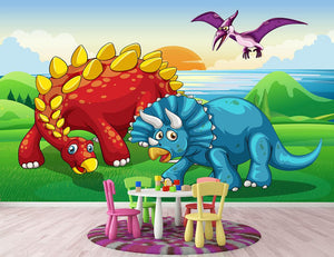 Dinosaurs in the park Wall Mural Wallpaper - Canvas Art Rocks - 2