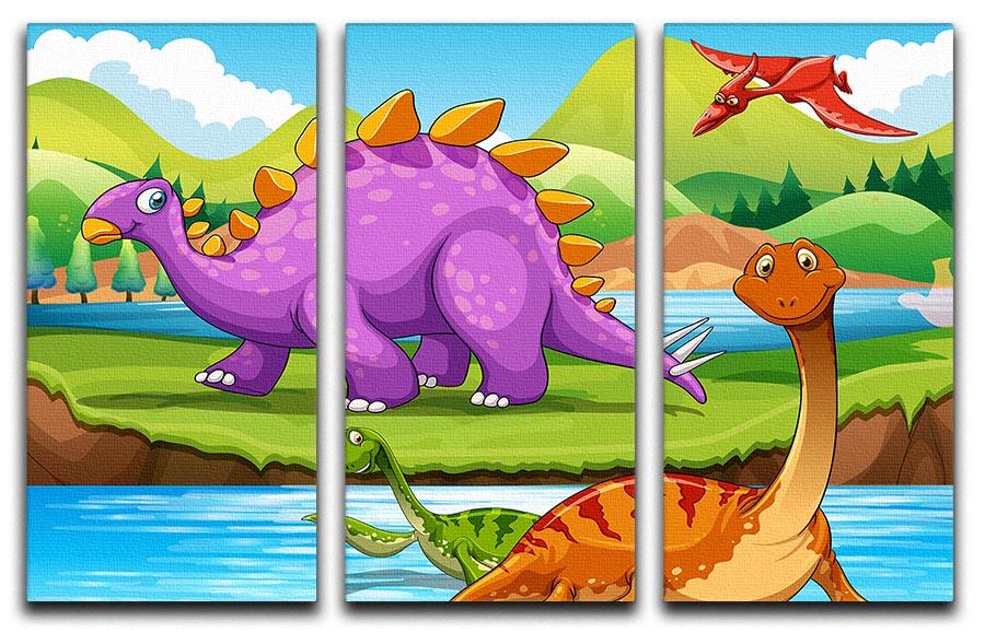 Dinosaurs living by the river 3 Split Panel Canvas Print - Canvas Art Rocks - 1