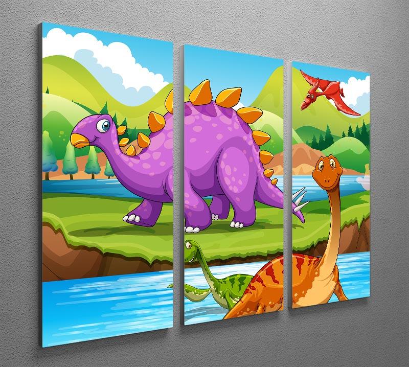 Dinosaurs living by the river 3 Split Panel Canvas Print - Canvas Art Rocks - 2