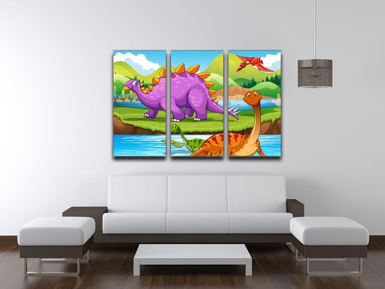 Dinosaurs living by the river 3 Split Panel Canvas Print - Canvas Art Rocks - 3