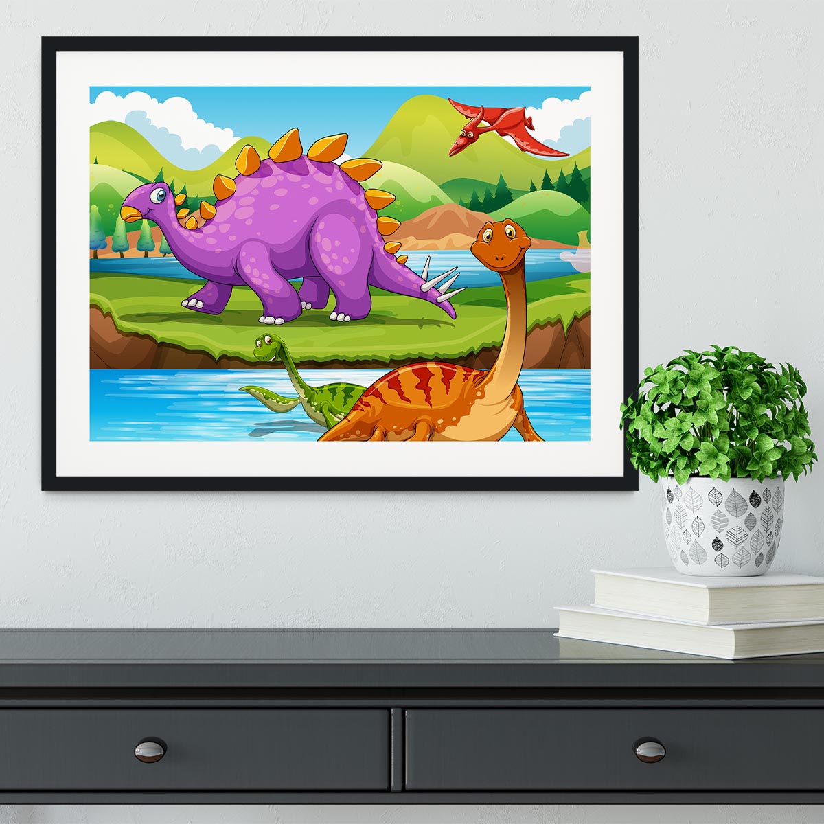 Dinosaurs living by the river Framed Print - Canvas Art Rocks - 1