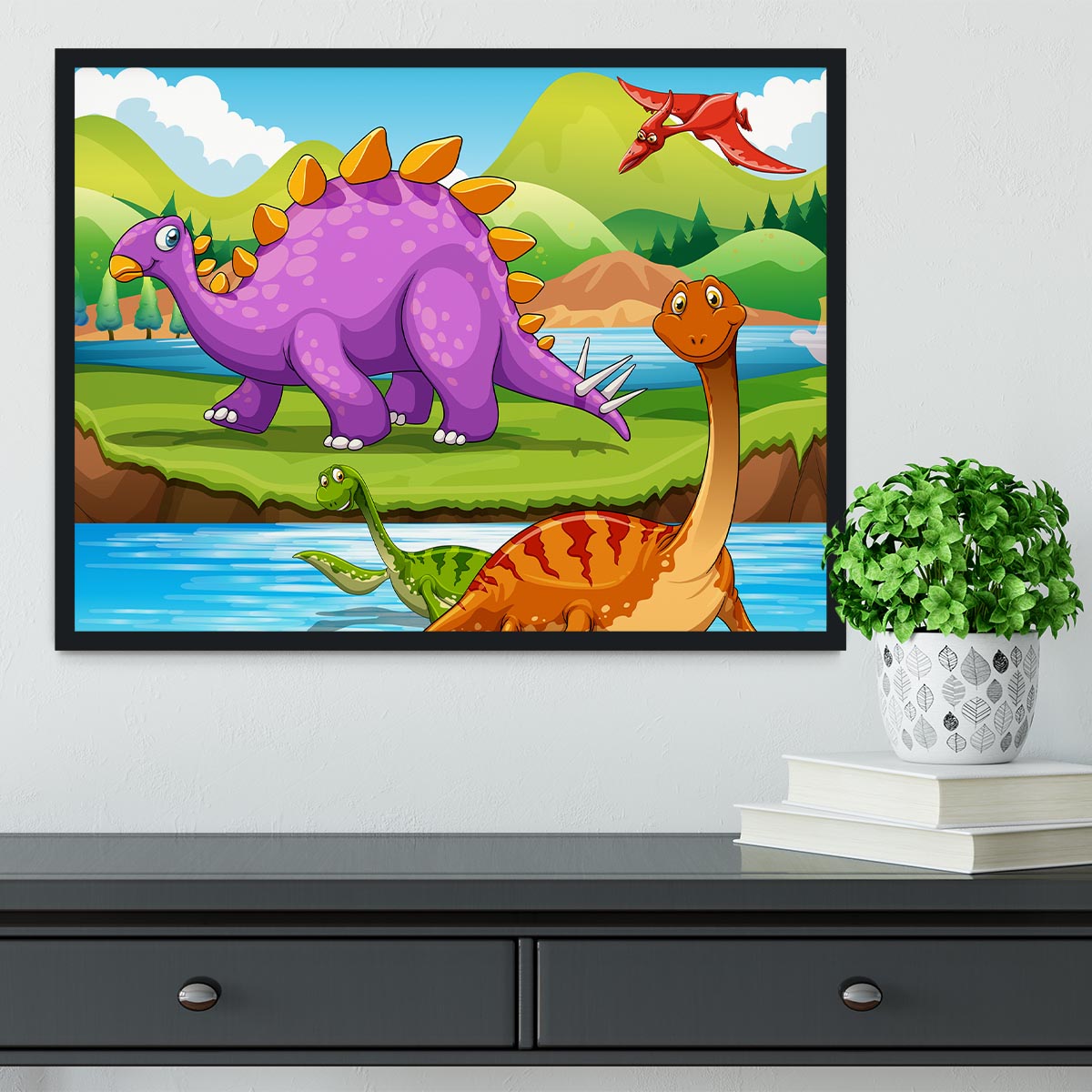 Dinosaurs living by the river Framed Print - Canvas Art Rocks - 2