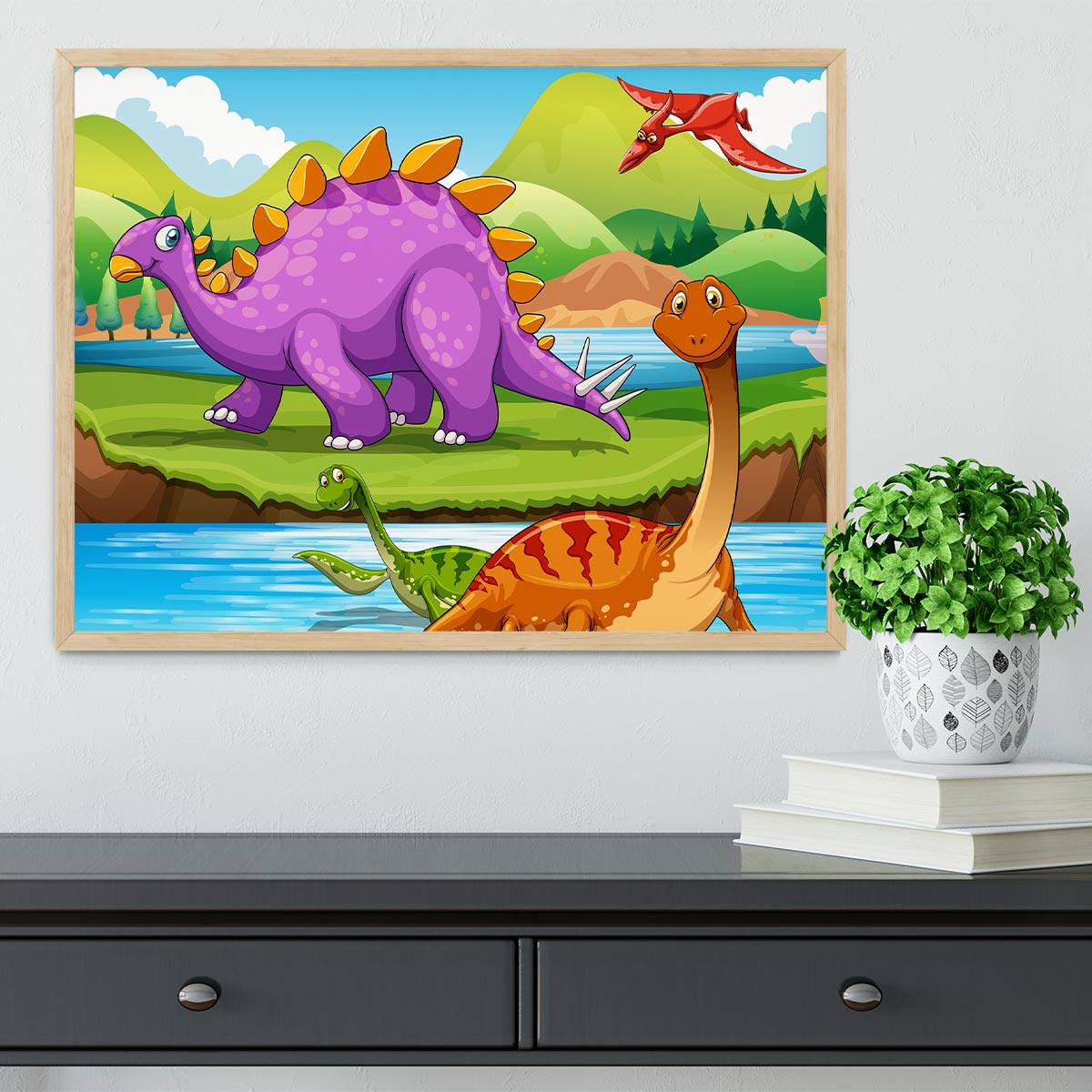 Dinosaurs living by the river Framed Print - Canvas Art Rocks - 4