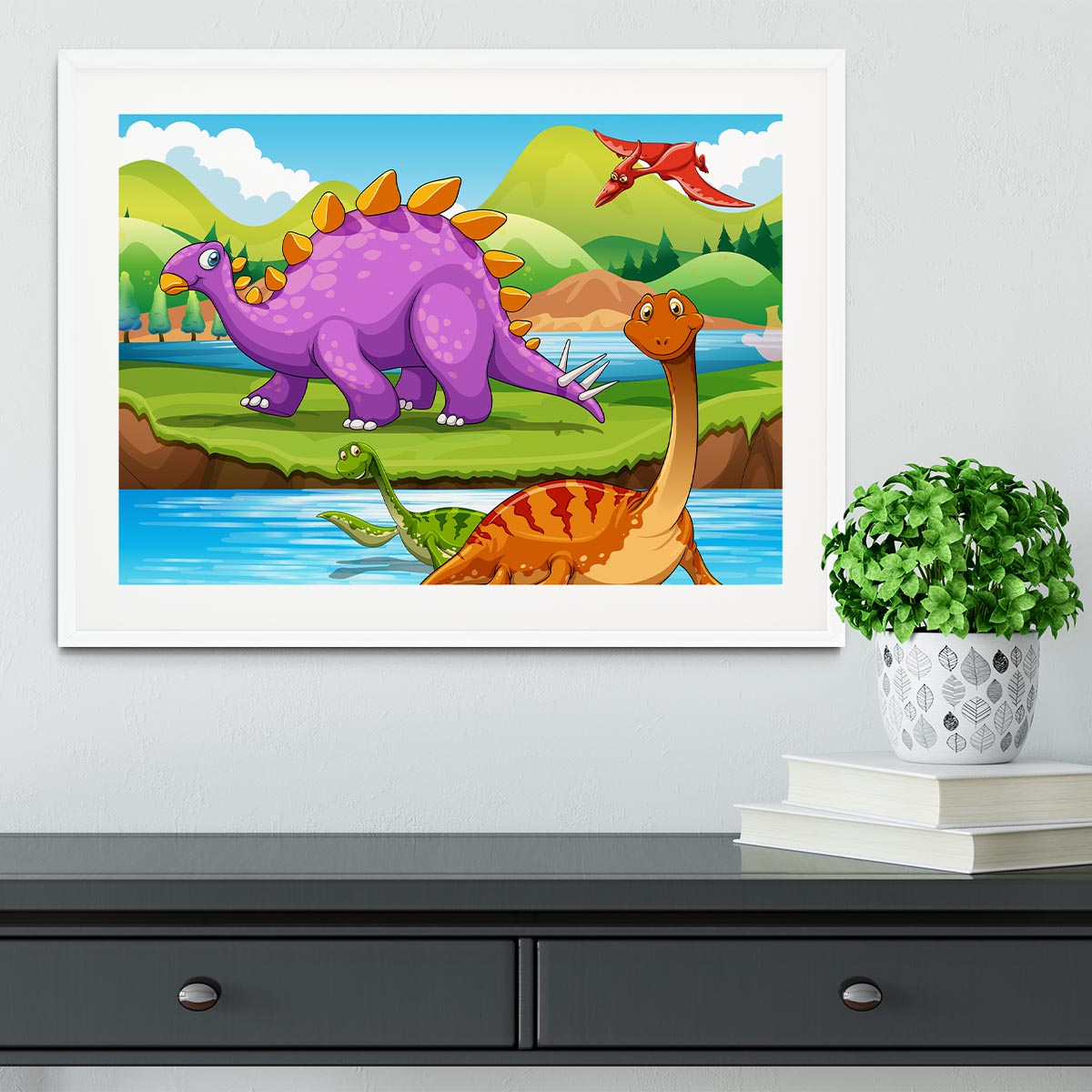 Dinosaurs living by the river Framed Print - Canvas Art Rocks - 5