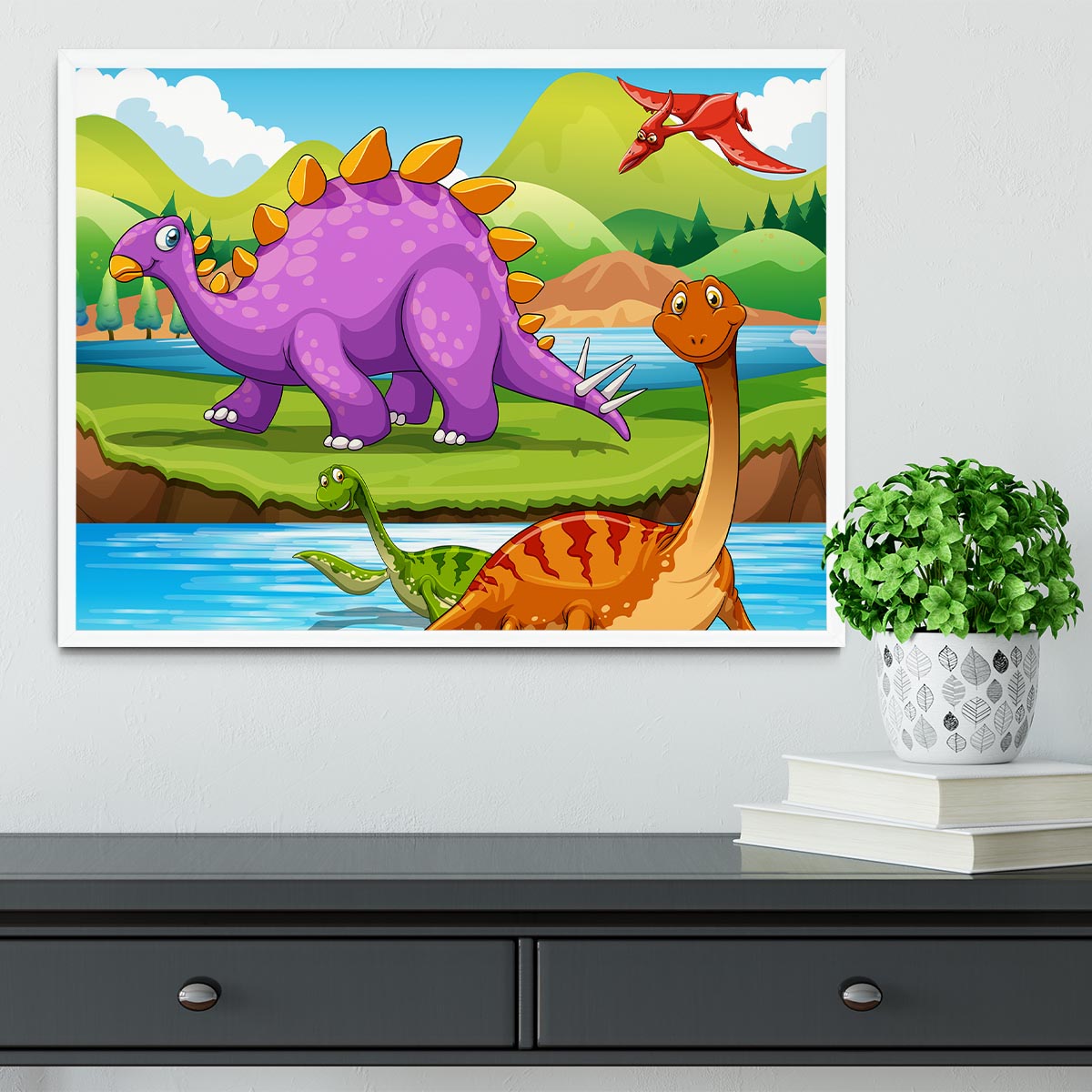 Dinosaurs living by the river Framed Print - Canvas Art Rocks -6