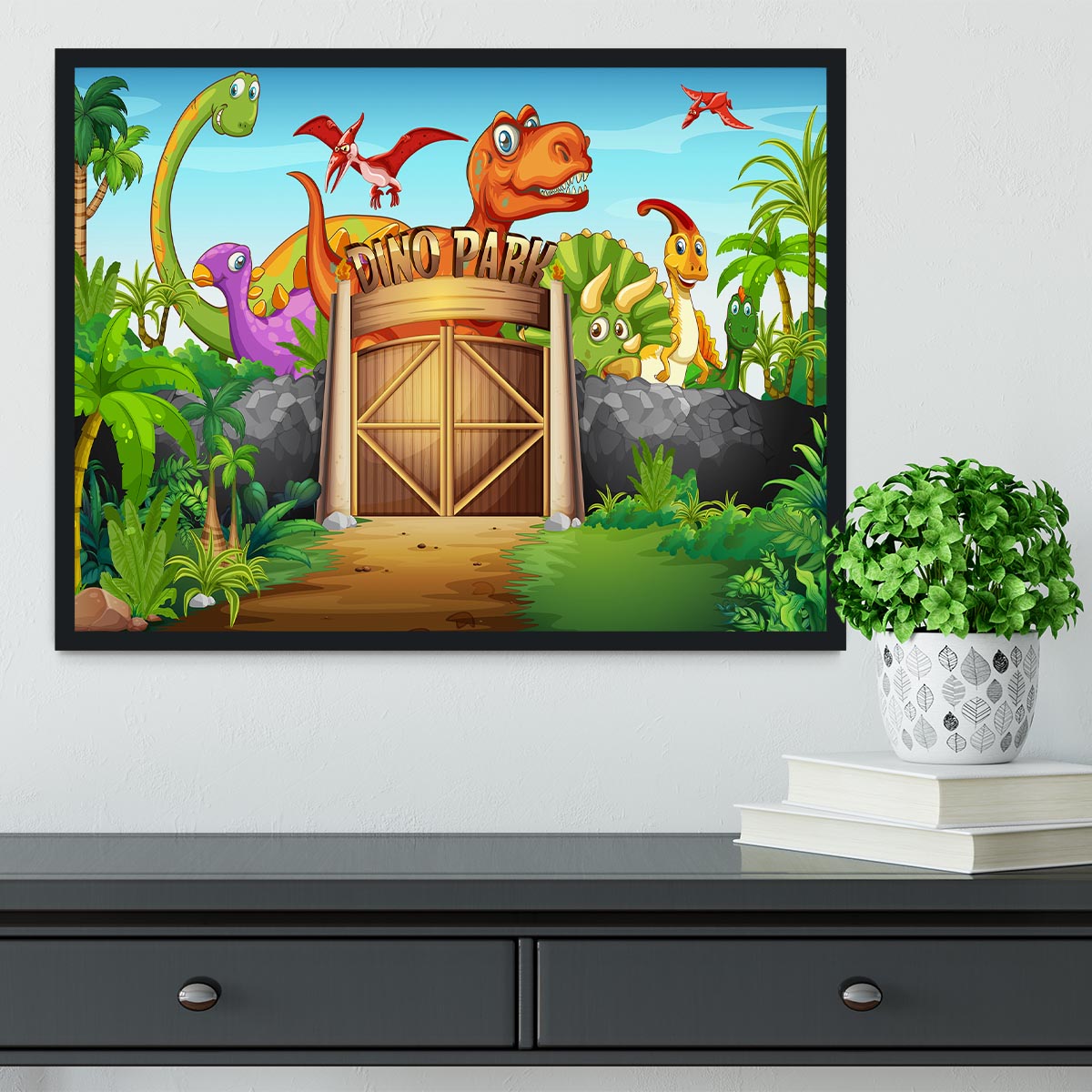 Dinosaurs living in Dino park Framed Print - Canvas Art Rocks - 2