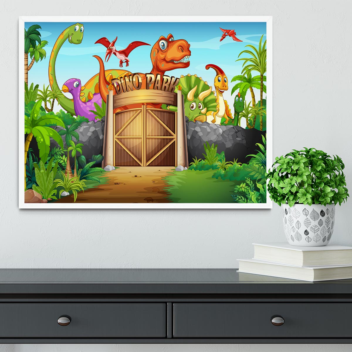 Dinosaurs living in Dino park Framed Print - Canvas Art Rocks -6