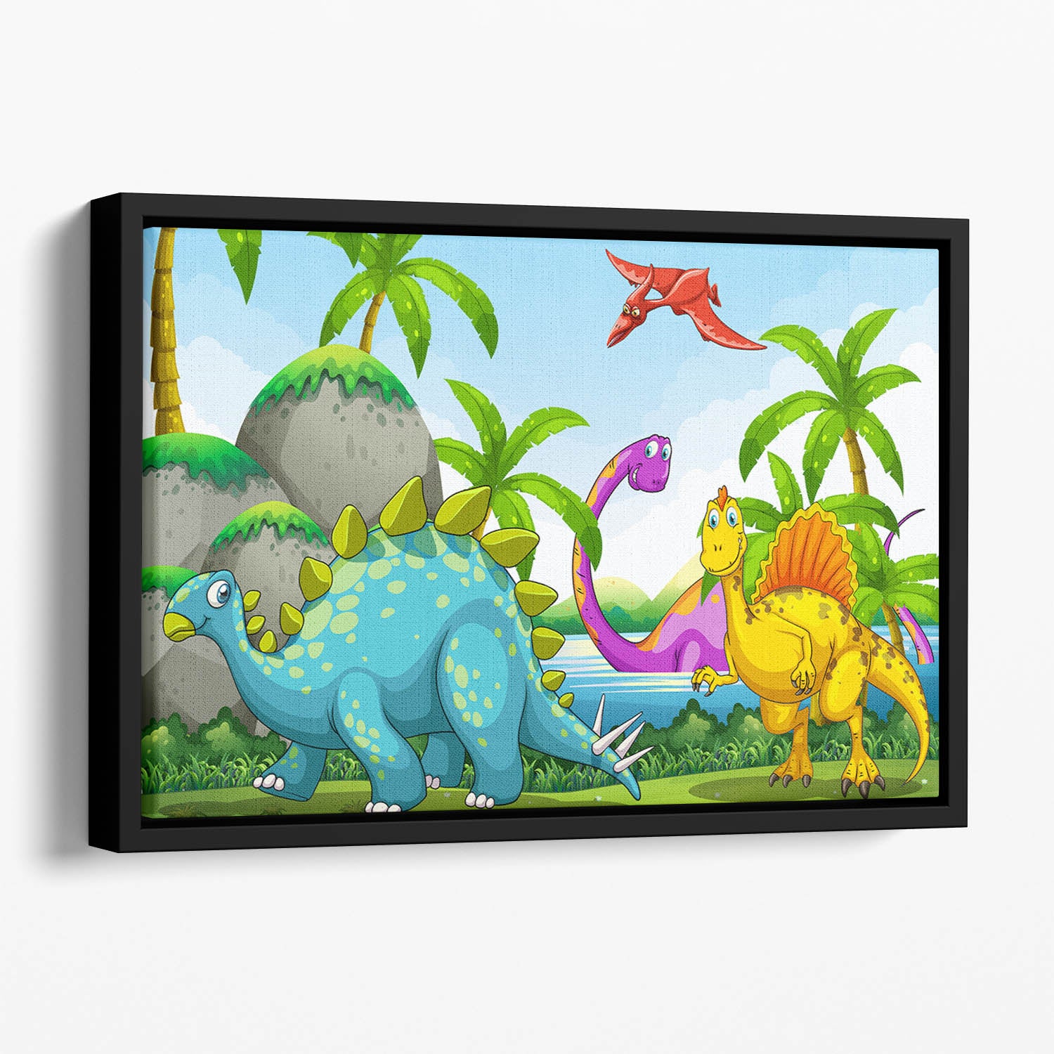 Dinosaurs living in the jungle Floating Framed Canvas
