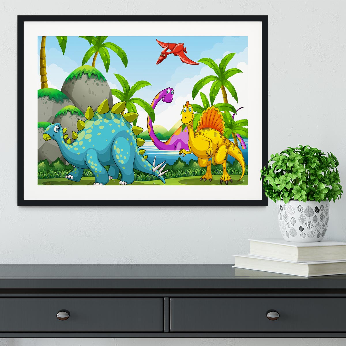Dinosaurs living in the jungle Framed Print - Canvas Art Rocks - 1