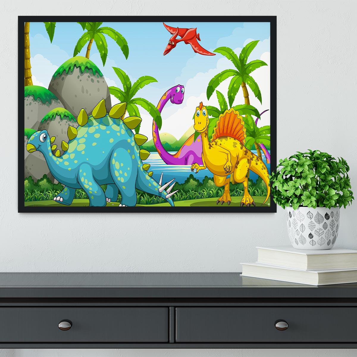 Dinosaurs living in the jungle Framed Print - Canvas Art Rocks - 2