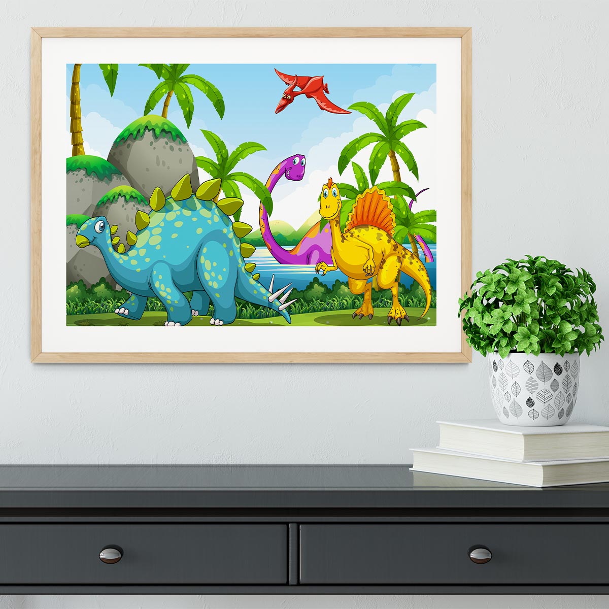Dinosaurs living in the jungle Framed Print - Canvas Art Rocks - 3