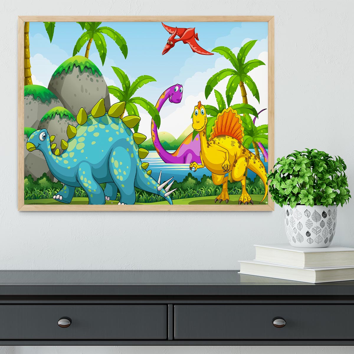 Dinosaurs living in the jungle Framed Print - Canvas Art Rocks - 4