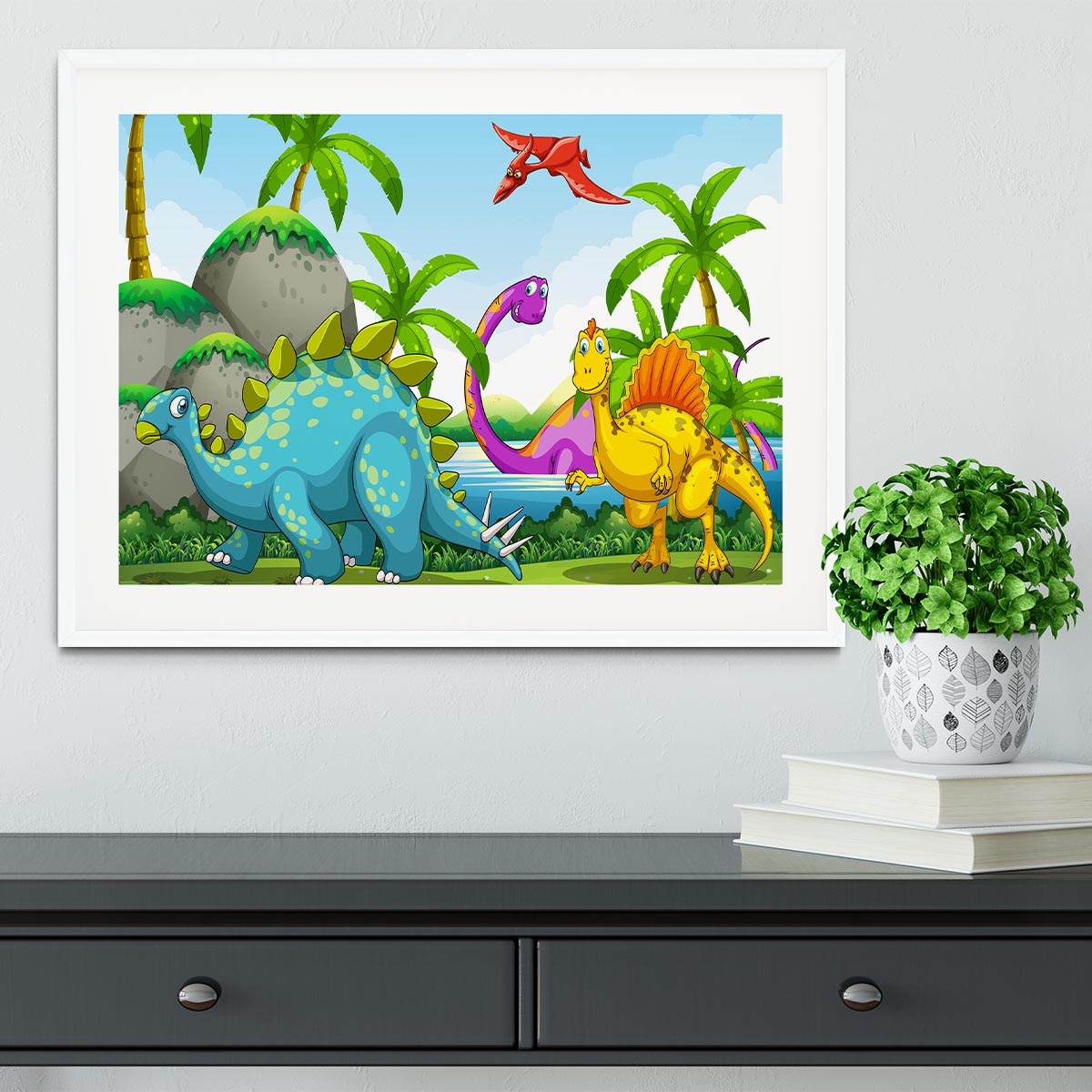 Dinosaurs living in the jungle Framed Print - Canvas Art Rocks - 5