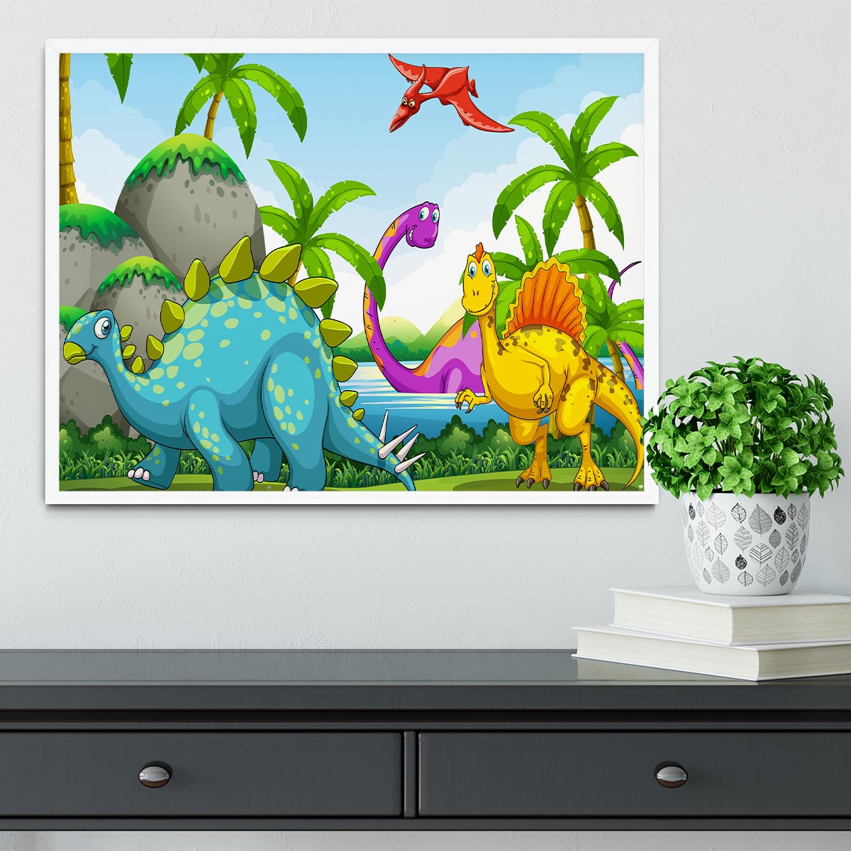 Dinosaurs living in the jungle Framed Print - Canvas Art Rocks -6