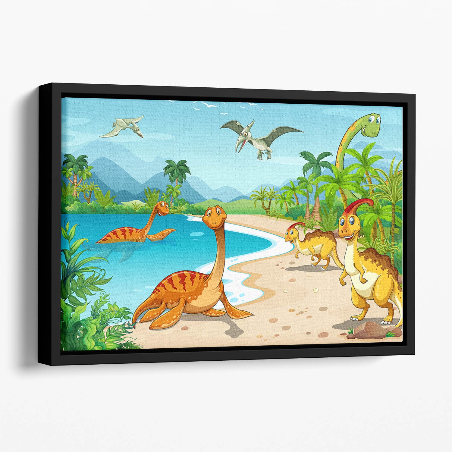 Dinosaurs living on the beach Floating Framed Canvas