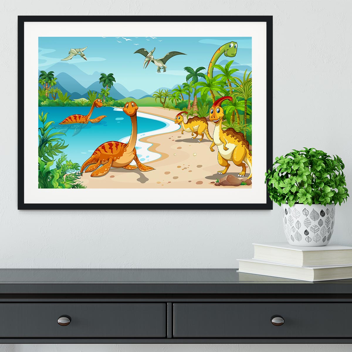 Dinosaurs living on the beach Framed Print - Canvas Art Rocks - 1